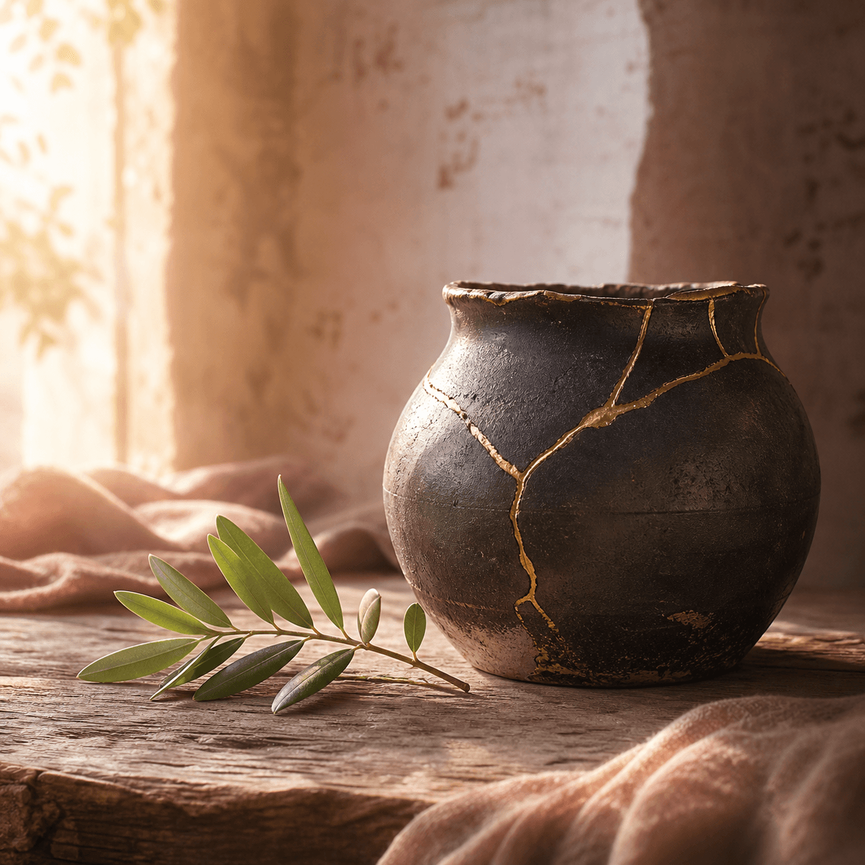 Un vase sombre restauré de fines jointures dorées repose près d’un rameau d’olivier.