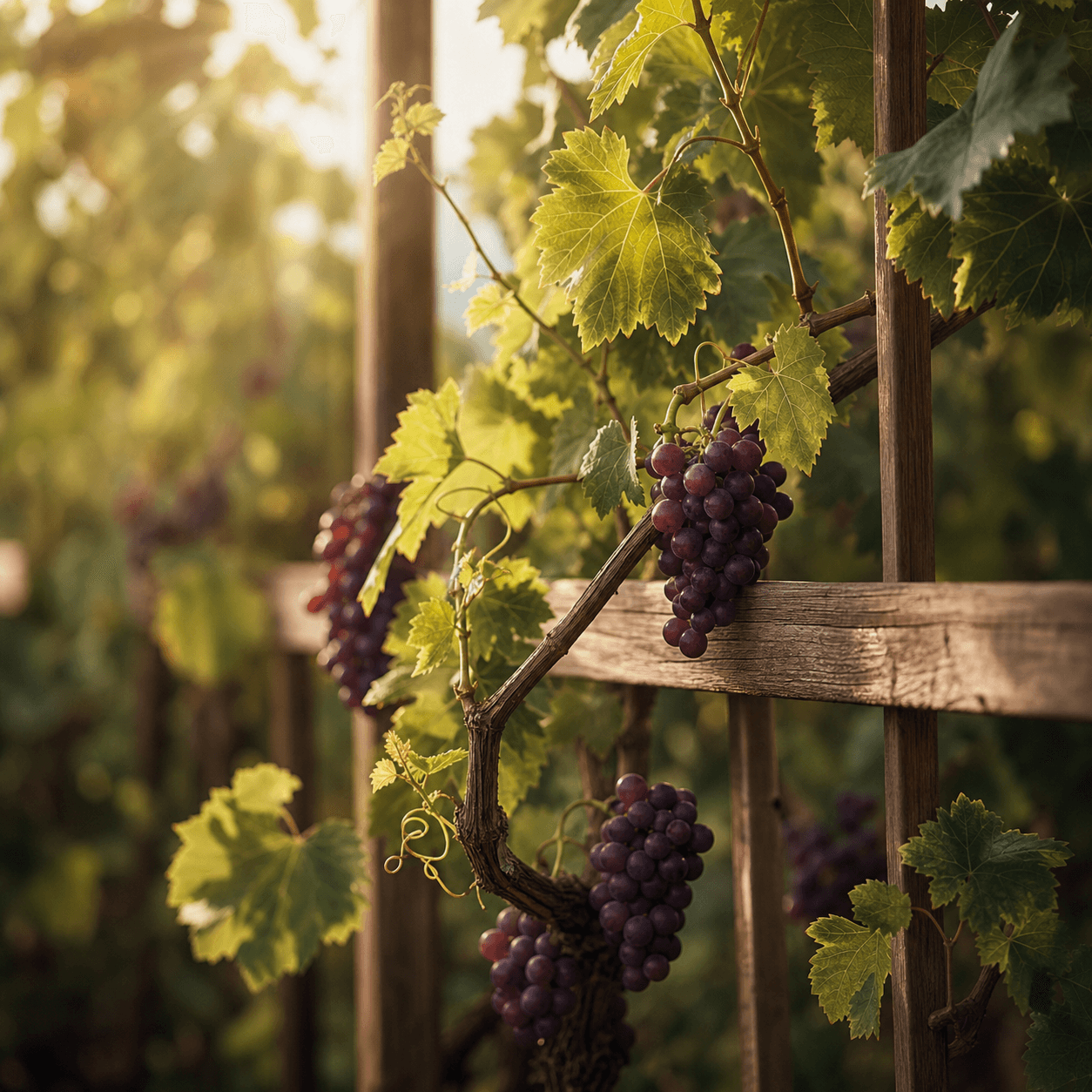 Une vigne porte des grappes mûres sur un treillis baigné de lumière.