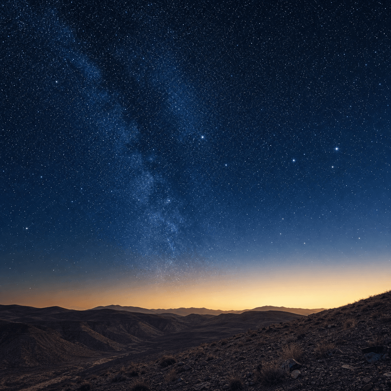 Un ciel nocturne rempli d’étoiles s’étend au-dessus d’une crête désertique avant l’aube.
