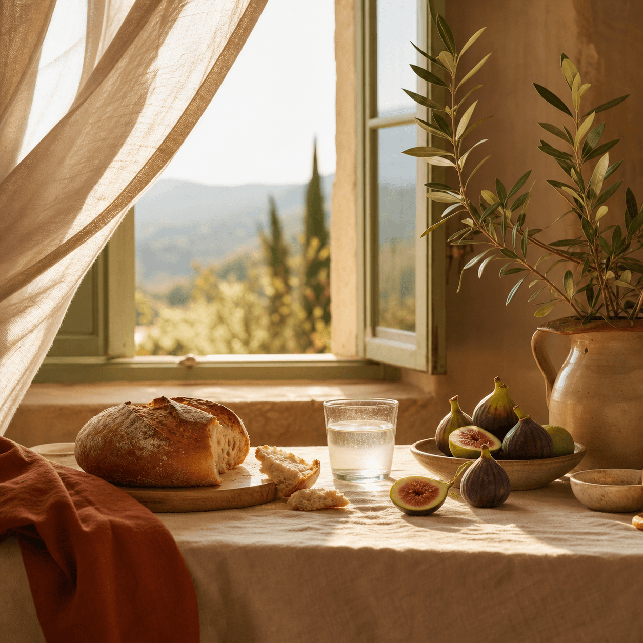Du pain, de l’eau et des figues sont éclairés par le soleil d’une fenêtre ouverte.