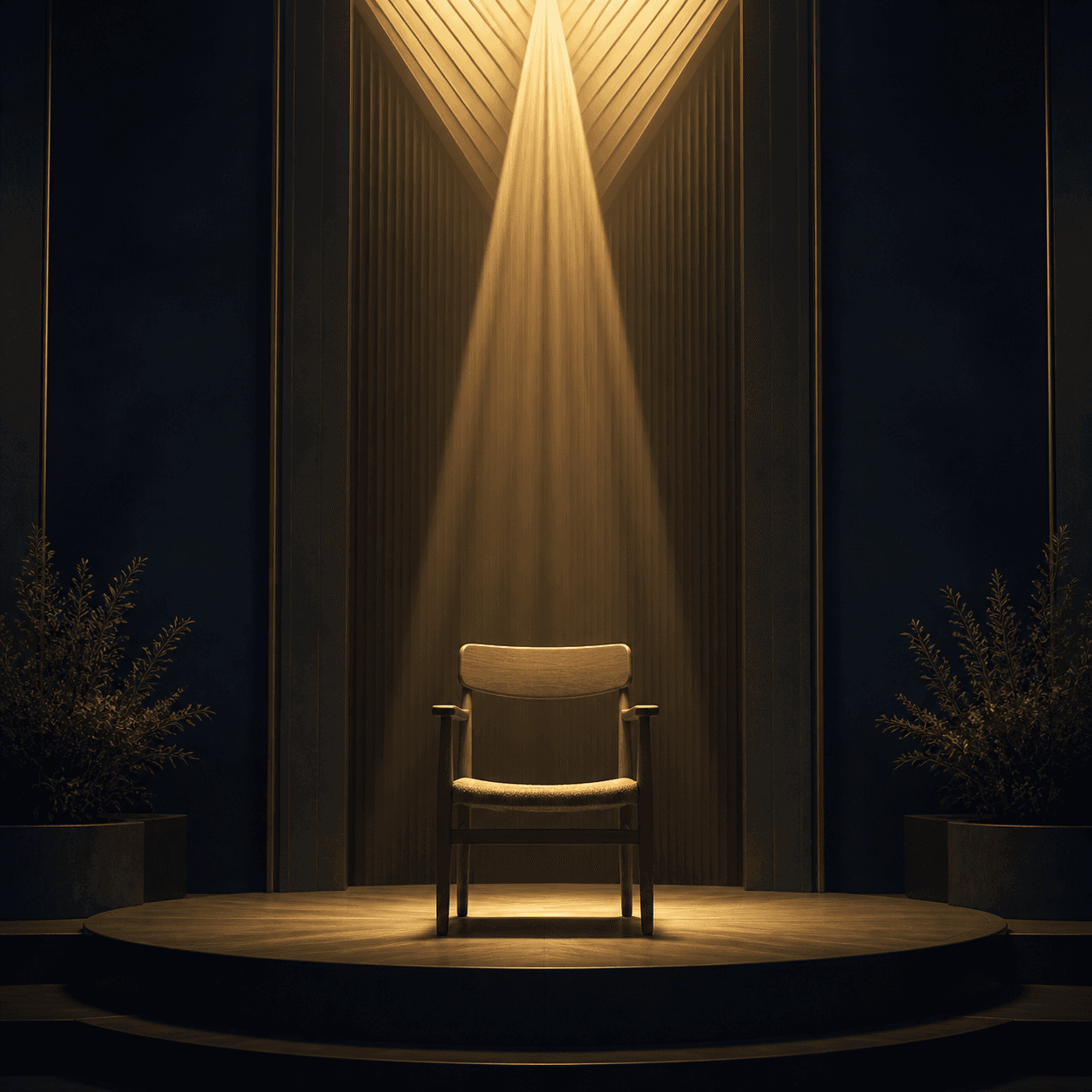 Fauteuil vide éclairé par une couronne de lumière abstraite, pochette de Jésus, Roi pour toujours
