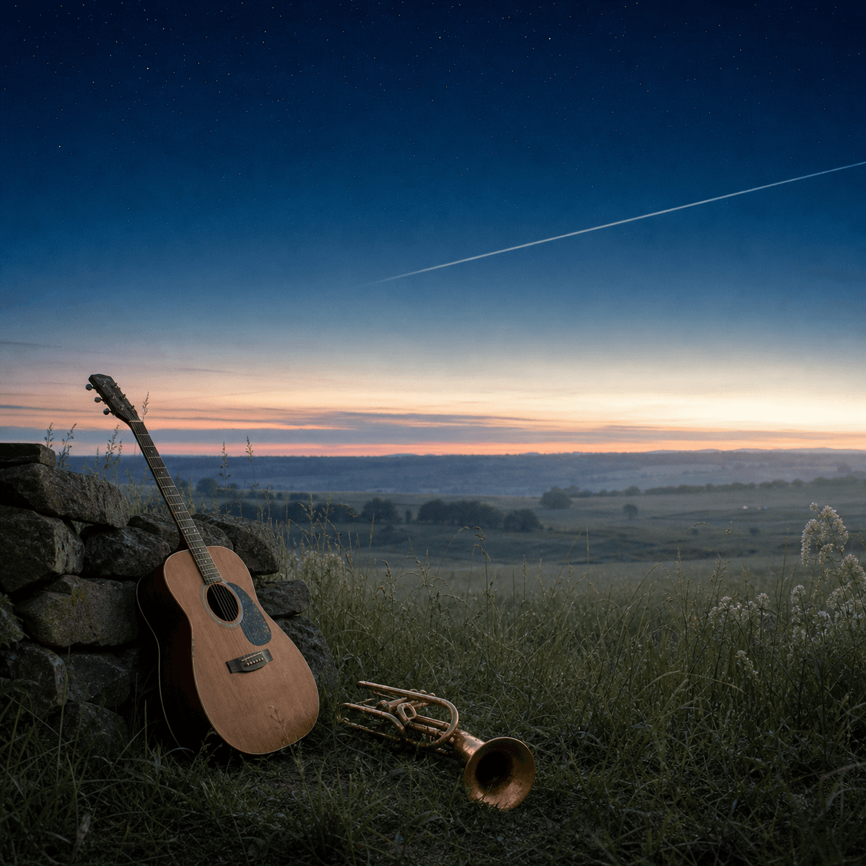 Horizon lumineux accompagné d'une guitare et d'une trompette, pochette de Jusqu’au retour de Jésus