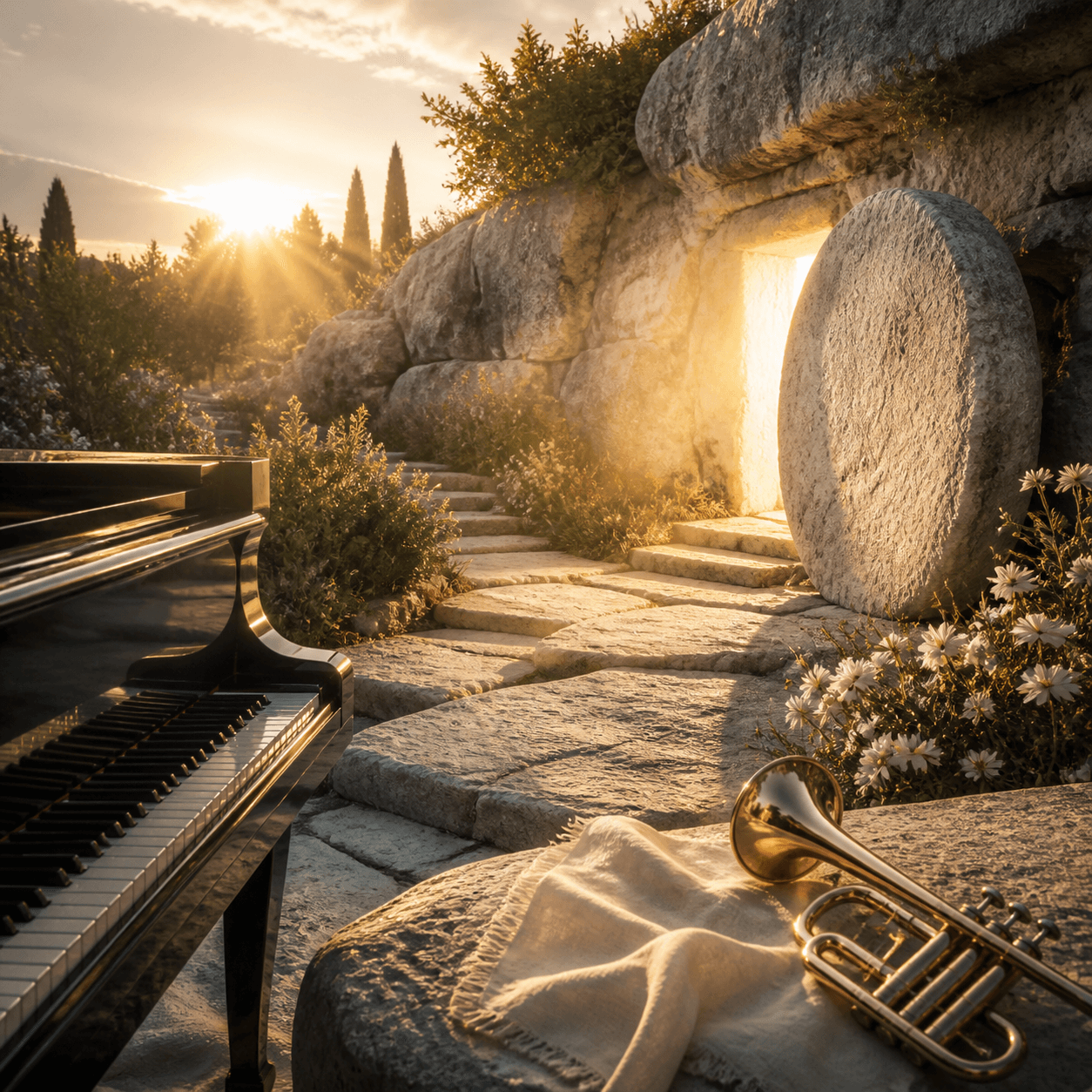 Tombeau ouvert au lever du soleil avec piano et cuivre, pochette de Le Seigneur est vivant