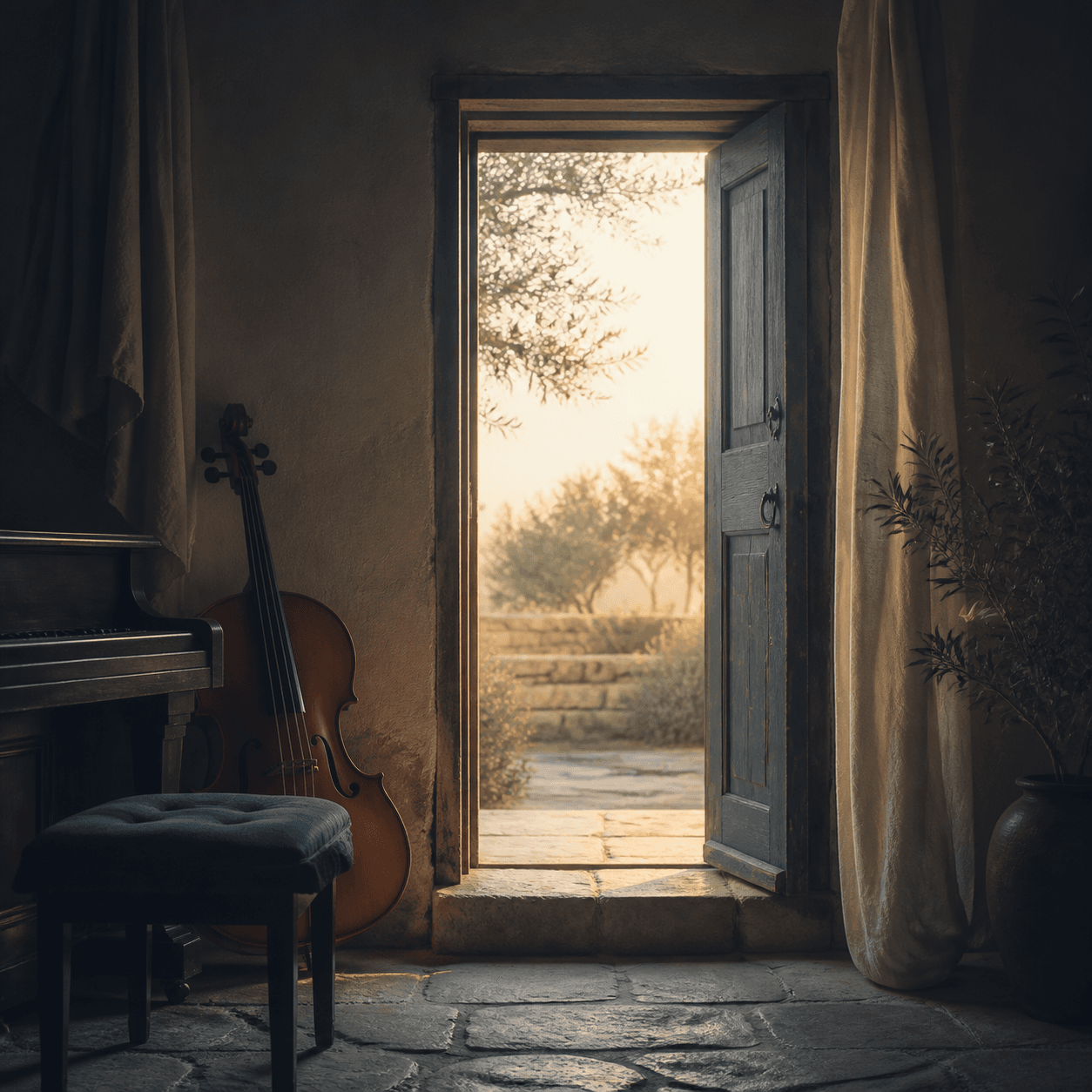 Piano et violoncelle devant une porte baignée de lumière, pochette de Nous venons par Jésus