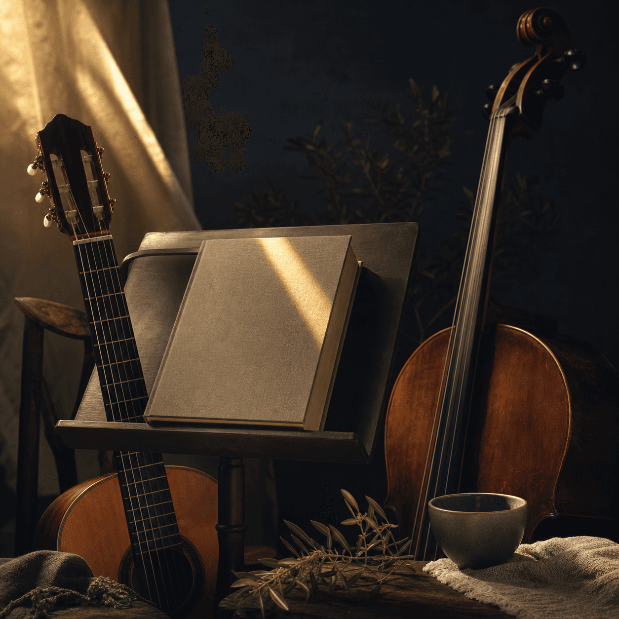 Bible ouverte entourée d'une guitare et d'un violoncelle, pochette de Ouvre nos cœurs à ta Parole