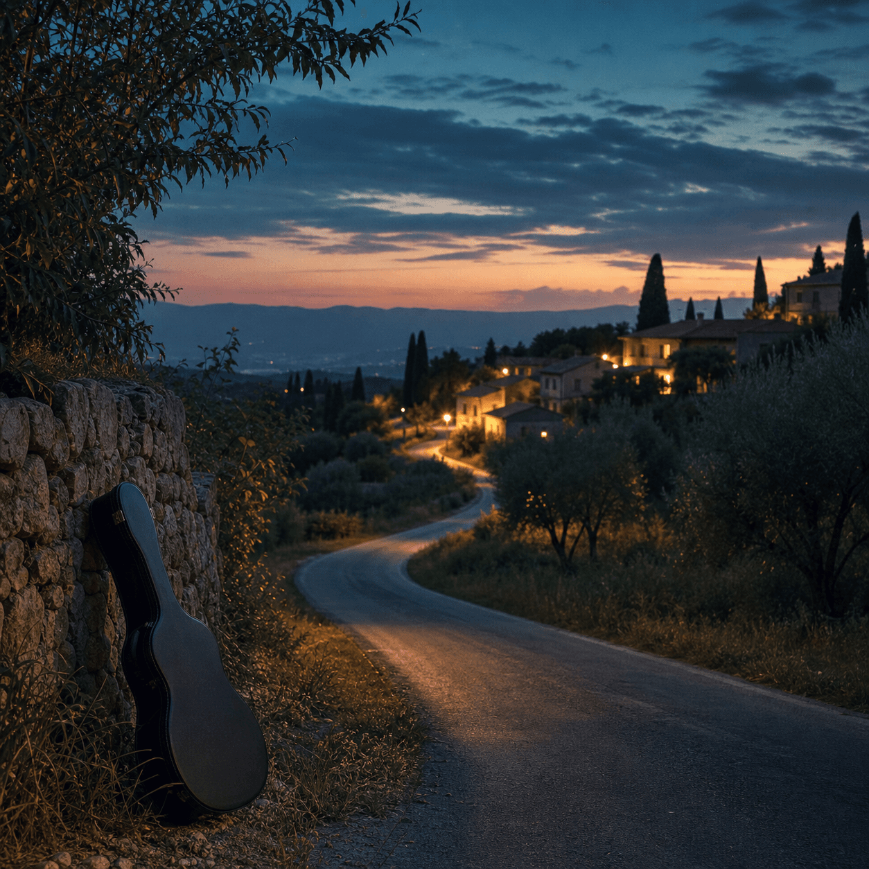 Route douce vers la maison et guitare au premier plan, pochette de Sur le chemin du retour