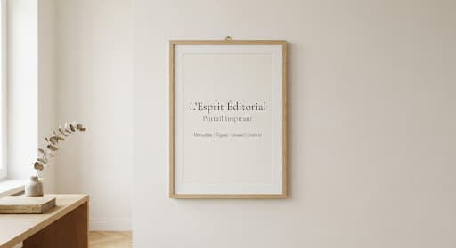Affiche typographique minimaliste encadrée en chêne clair, accrochée sur un mur blanc cassé