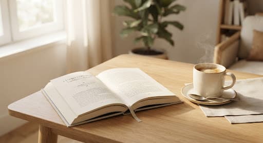 Livre ouvert sur une table en bois clair, baigné d'une douce lumière matinale, avec une tasse de café fumante
