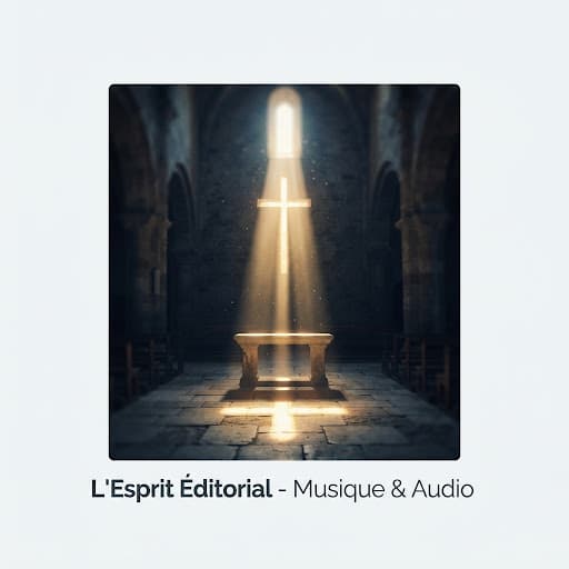 Pochette d'album : rayon de lumière dorée en forme de croix dans une chapelle sombre, style moderne et artistique