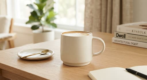 Tasse en céramique artisanale couleur crème posée sur un plateau de chêne clair, dans une lumière douce de studio