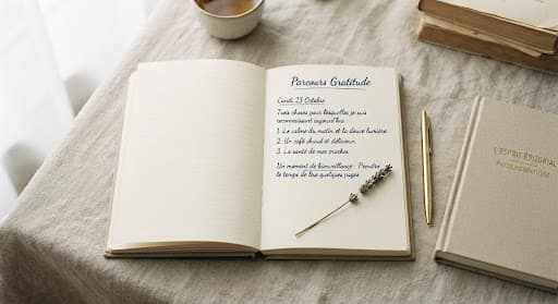 Journal ouvert au papier crème, brin de lavande séchée et stylo doré, baignés d’une douce lumière matinale