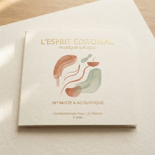 Pochette au lettrage doré embossé sur papier crème texturé, formes organiques terracotta et vert sauge