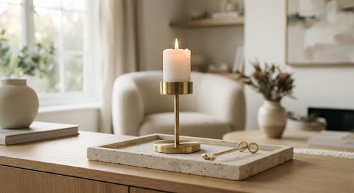 Bougeoir en laiton et bougie blanche sur un plateau de pierre minimaliste, dans une lumière naturelle chaleureuse