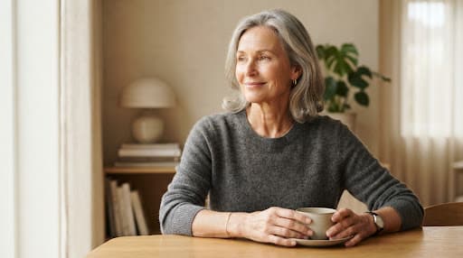 Portrait apaisé d’une femme au regard serein, dans un intérieur chaleureux aux ombres douces et à la lumière naturelle
