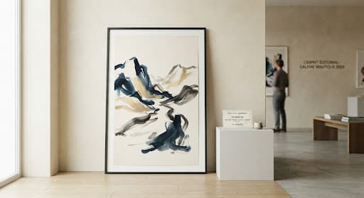 Grand tirage d'art moderne aux coups de pinceau abstraits bleu abyssal et or, adossé à un mur crème texturé