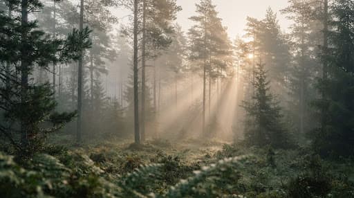 Forêt de pins brumeuse à l'aube, rayons dorés filtrant à travers les branches