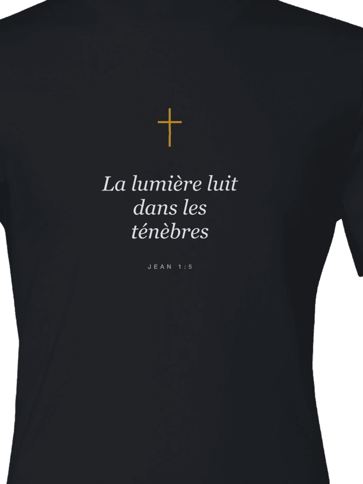 T-shirt « La lumière luit », gros plan sur l'impression