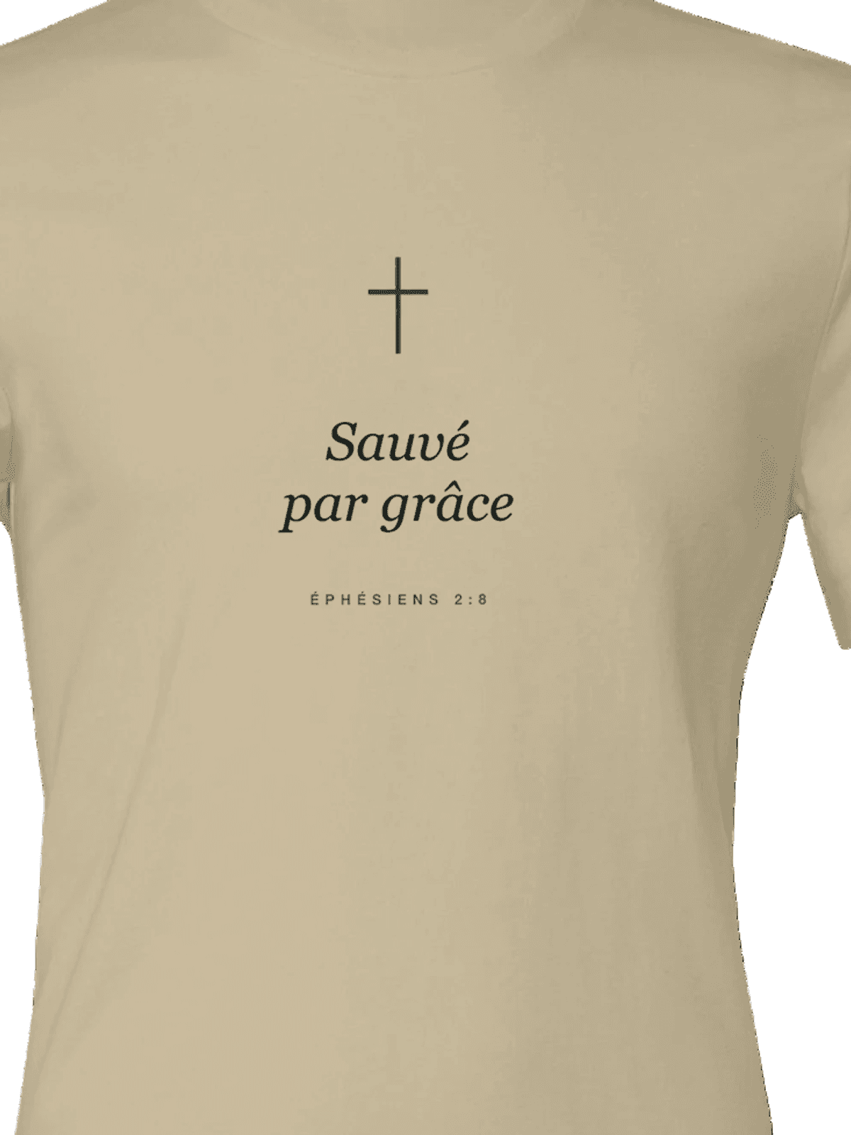 T-shirt « Sauvé par grâce », gros plan sur l'impression