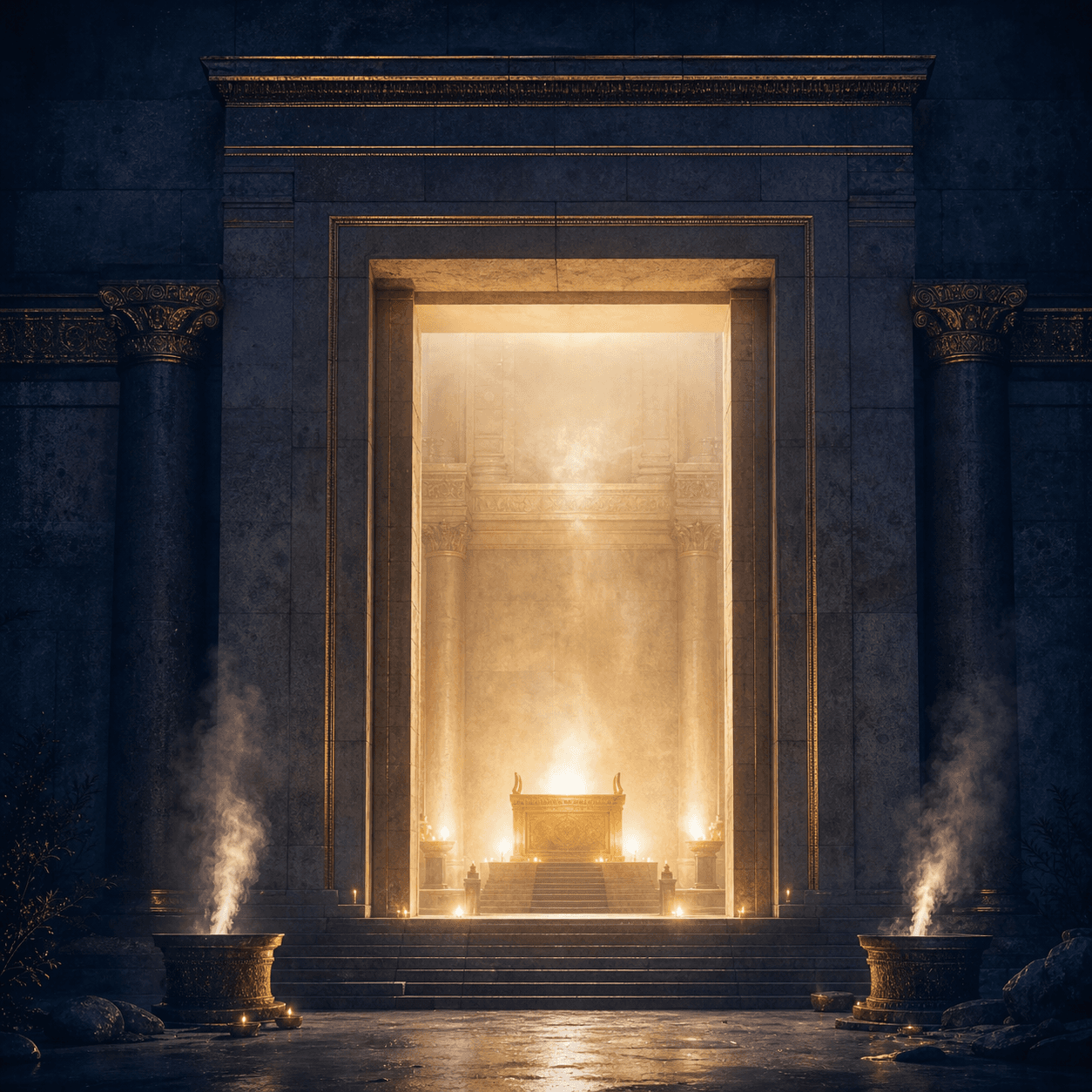 Une porte de sanctuaire baignée de lumière évoque la sainteté et la grâce.