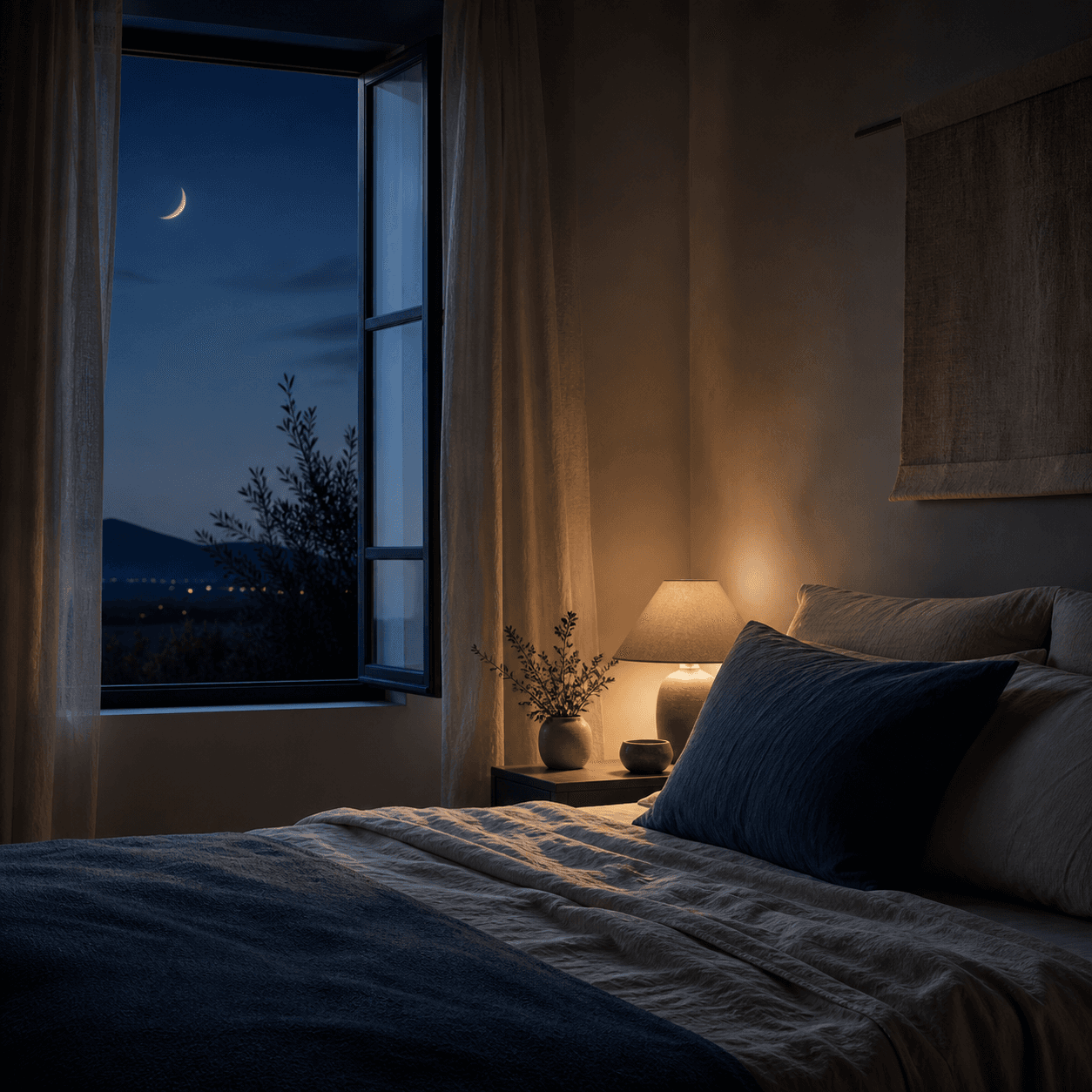 Une chambre simple éclairée doucement s’ouvre sur un ciel bleu et un croissant de lune.