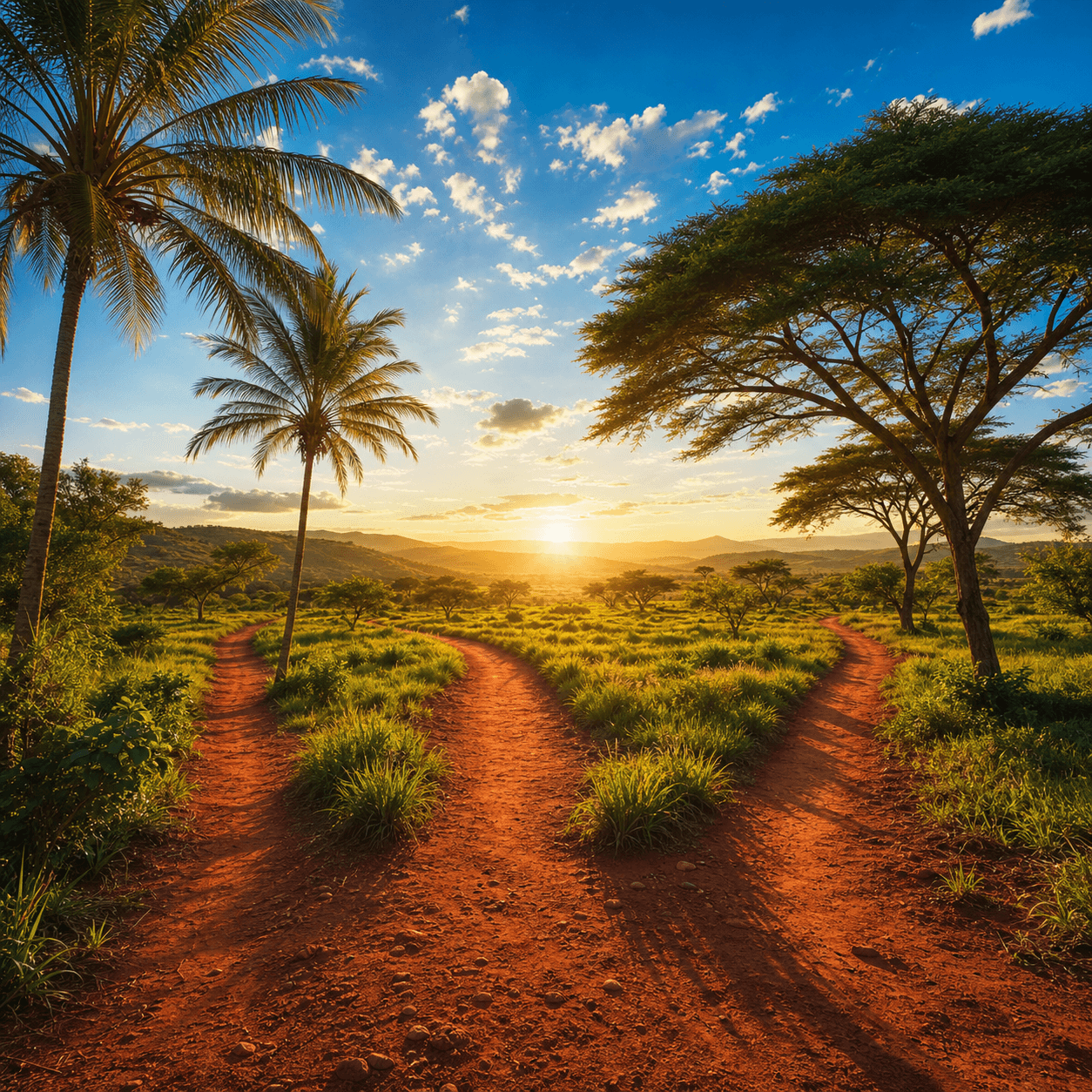 Trois chemins de terre rouge convergent vers un horizon lumineux sous les arbres tropicaux.